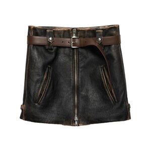 PRADA Distressed Leather Belted Jacket Women Black Coats & Jackets